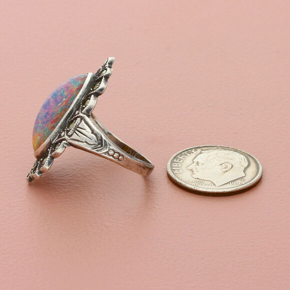 harlequin opal, sterling silver vintage art deco style marcasite  ring size 6.5 - Picture 2 of 4